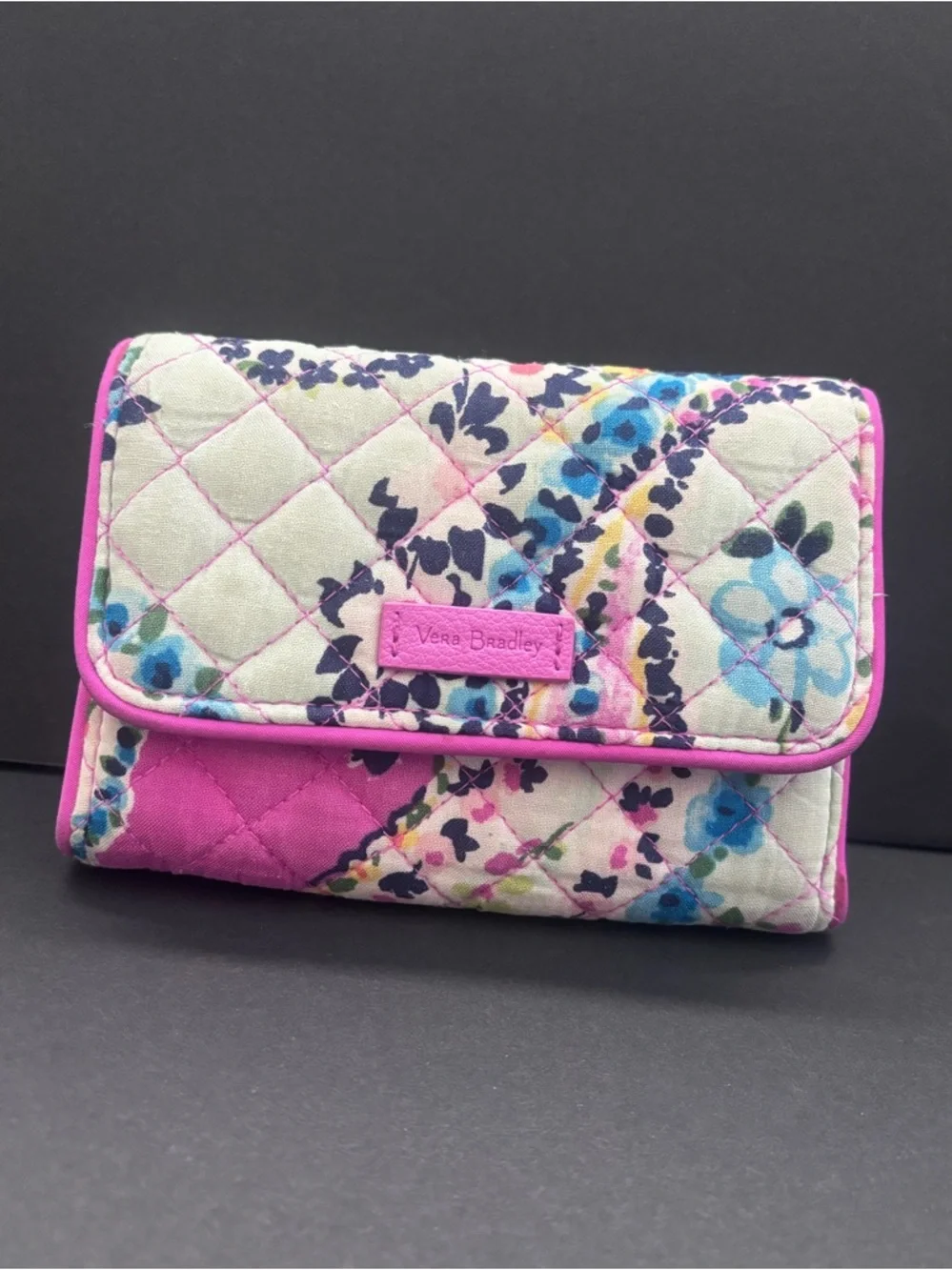 Vera Bradley Quilted Floral Trifold Wallet in Dusted Mint, Pink and Blue (RFID) - Picture 2 of 7